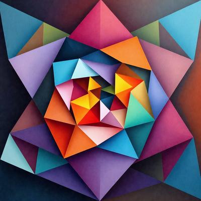 The primary subject of the image is a colorful geometric pattern, which appears to be a painting or a digital artwork. The setting is a dark background, which contrasts with the vibrant colors of the pattern. The visual style suggests that the image is a creative and artistic representation of a geometric shape. The dominant colors in the image are orange, blue, and purple, which contribute to a lively and energetic atmosphere.